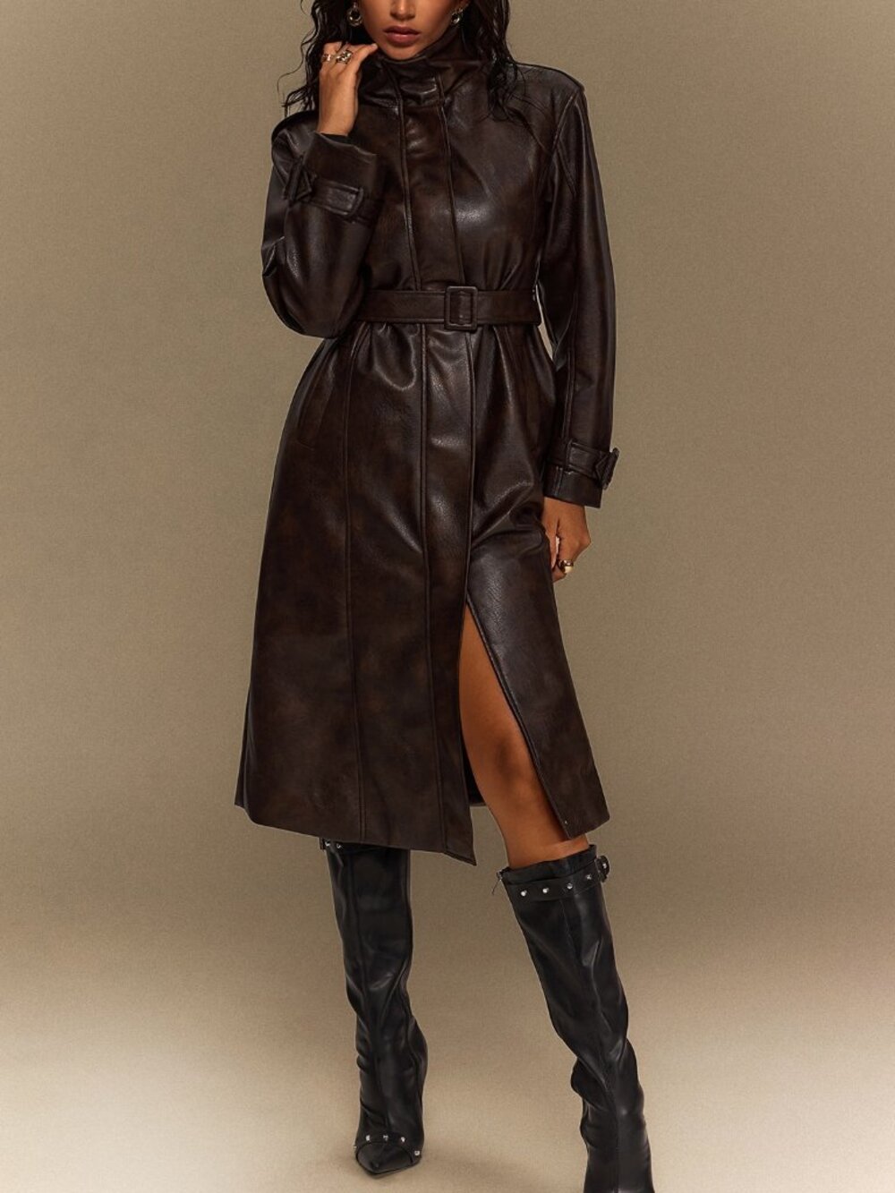 Brown Elegant Women's Loose Funnel Neck Zipper Faux Leather Trench Coat